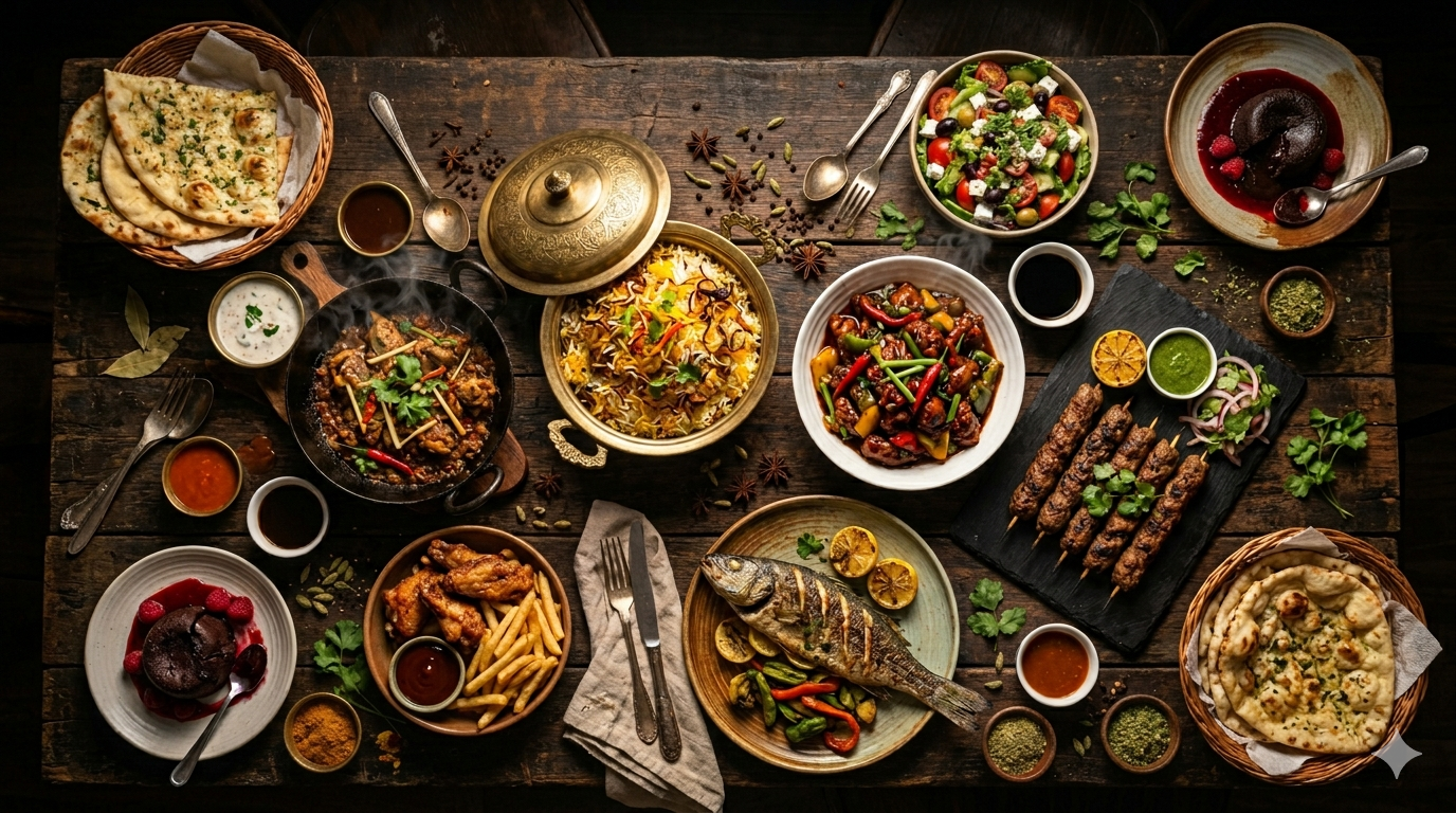 Pakistani restaurant style food spread - biryani, karahi, naan, kebabs