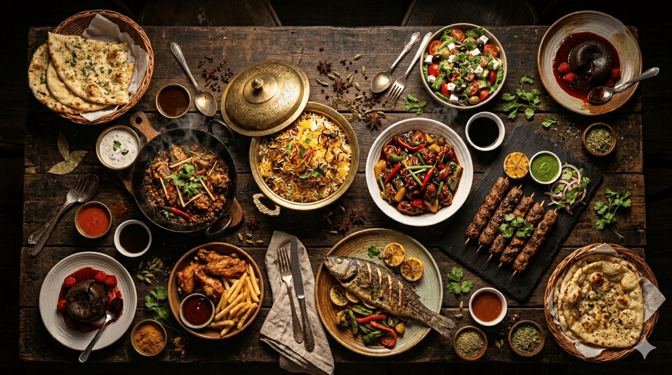 Pakistani restaurant style food spread - biryani, karahi, naan, kebabs