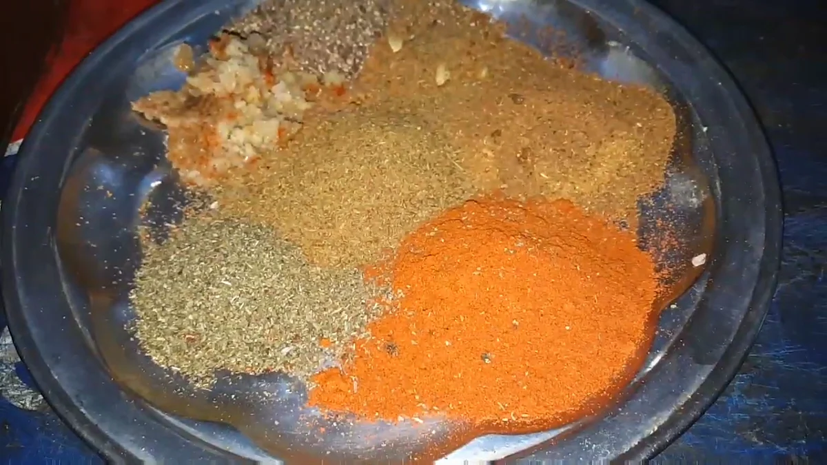 Bihari kabab spices: red chilli powder, fenugreek powder, cumin, coriander, garam masala and ginger garlic paste