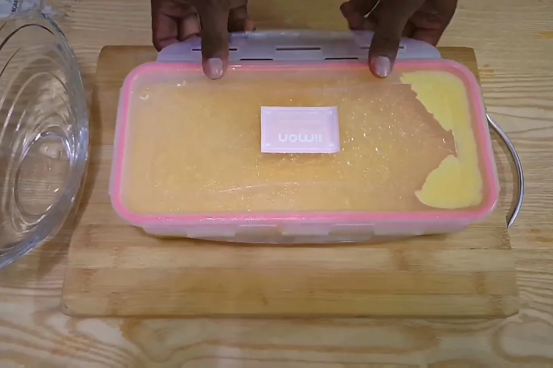 Frozen mango ice cream in a box after 8 hours