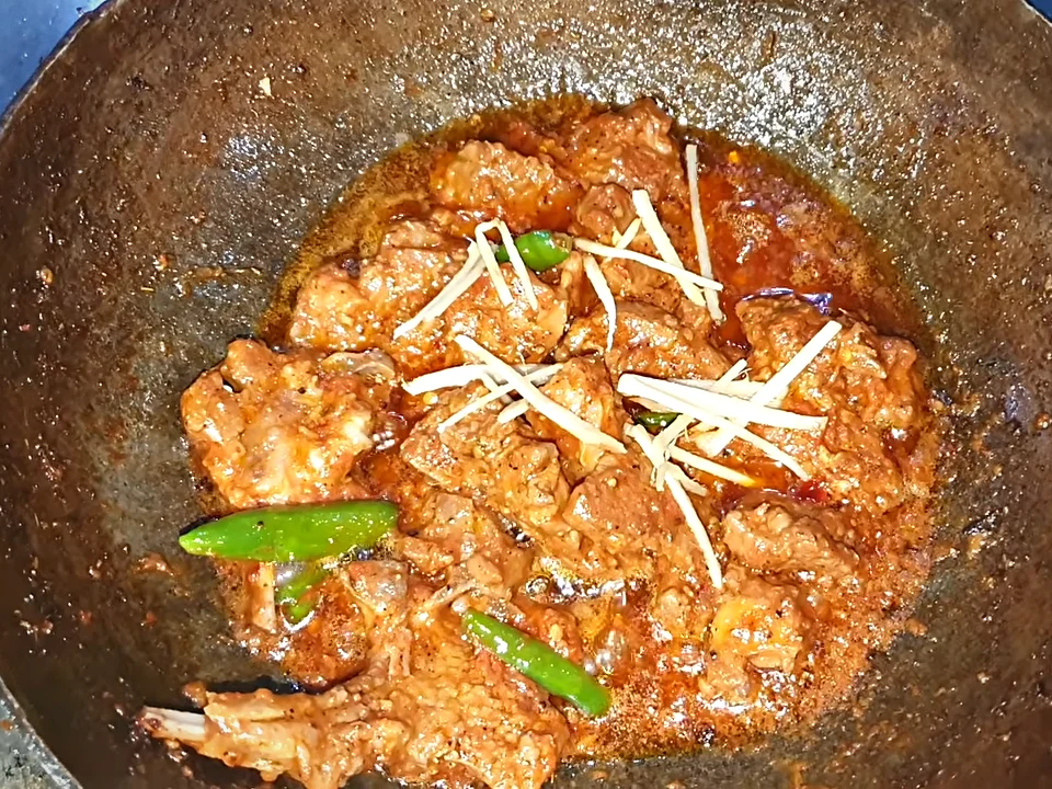 Finished mutton chops karahi with ginger julienne ready to serve