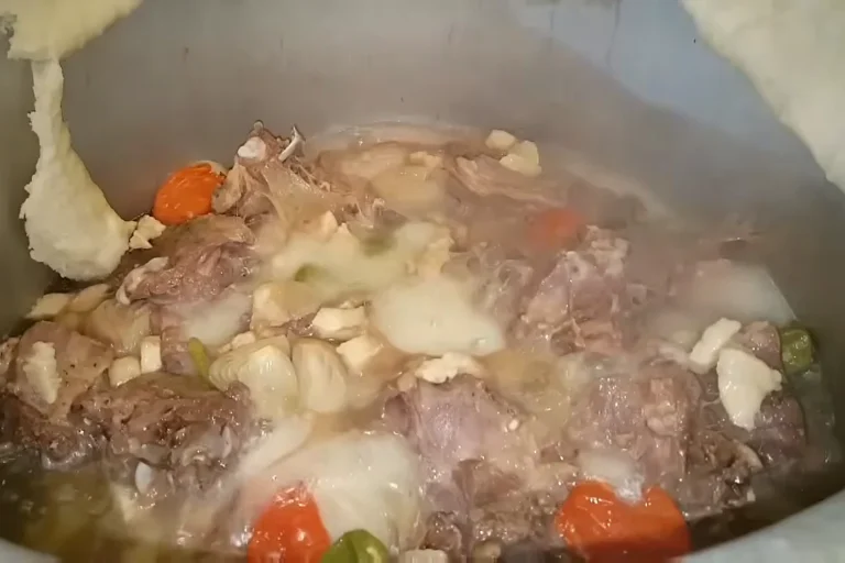 Mutton rosh ready in the pot, steaming, with lamb fat, tomatoes and potatoes