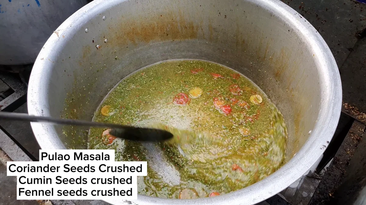 Crushed coriander, cumin and fennel seeds added as the pulao masala