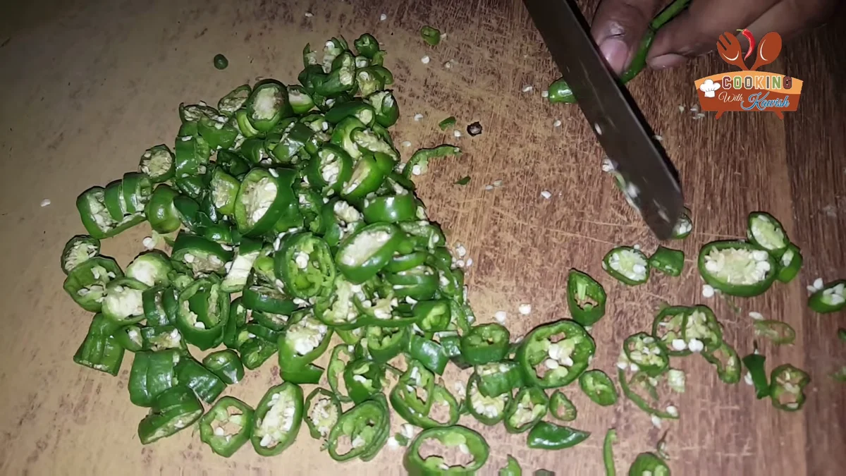 Chopped green chillies on a board