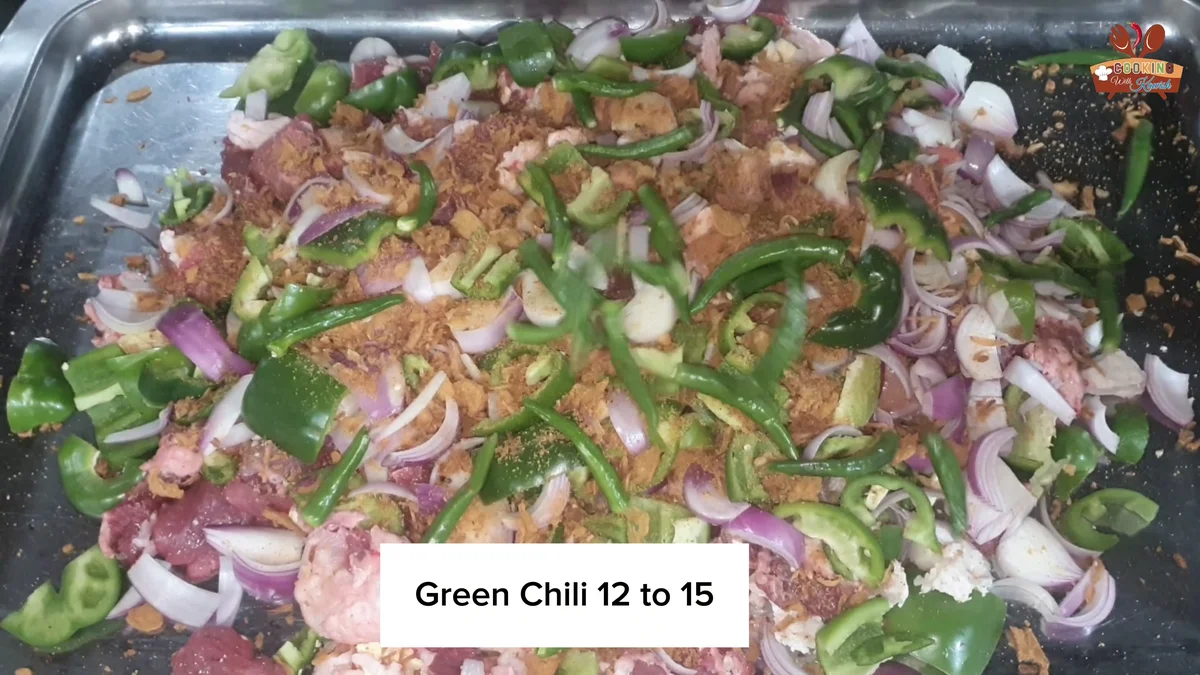 Green chillies added to the beef kabab mixture