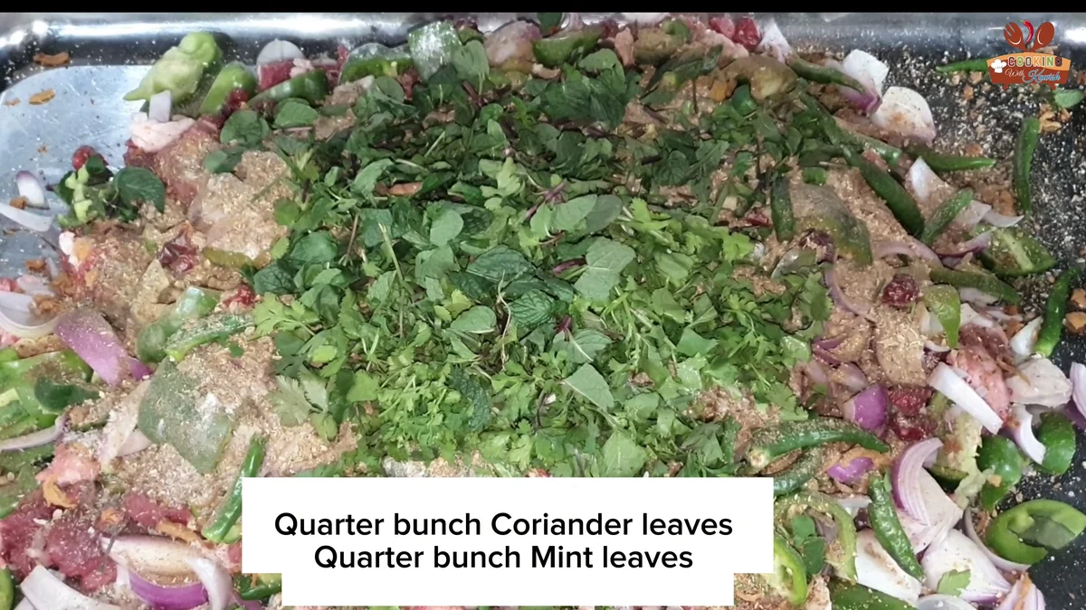 Fresh coriander and mint leaves added to the mixture