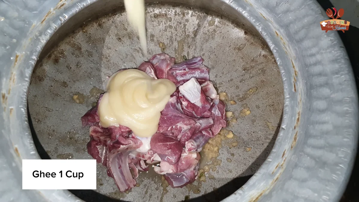 Ghee, one cup, added to the mutton and onions