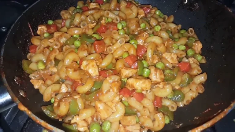 Finished chicken macaroni with vegetables in a pan