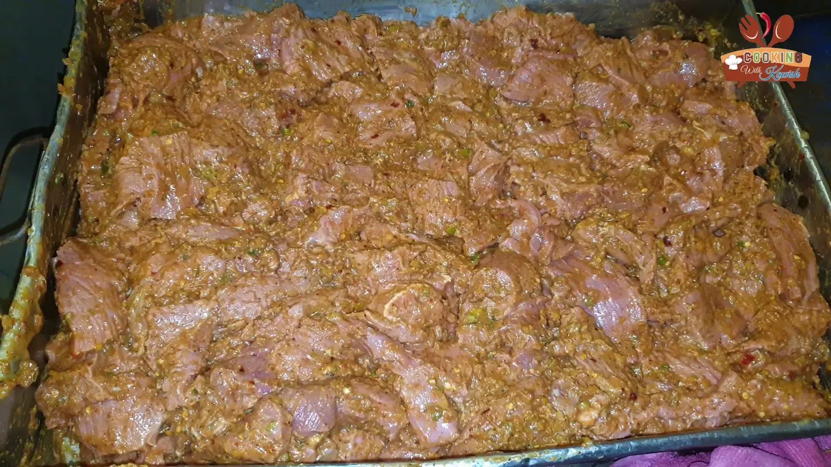 Fully marinated Bihari boti beef strips in the tray