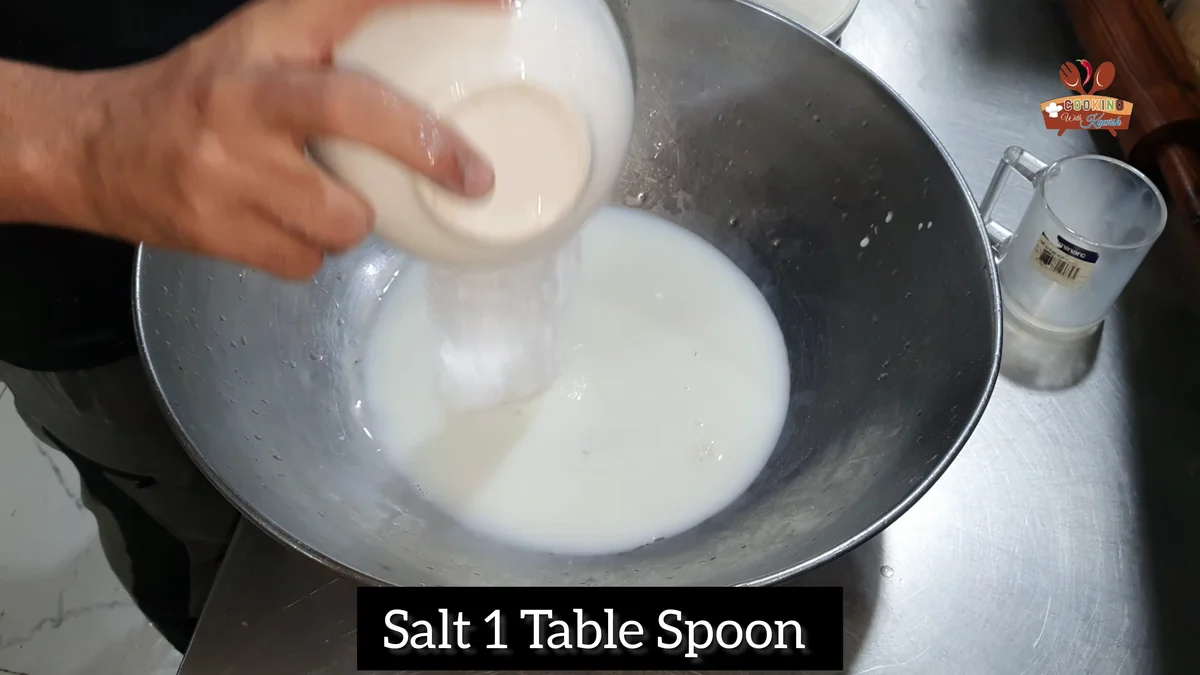 Salt, one tablespoon, added to the milk and water