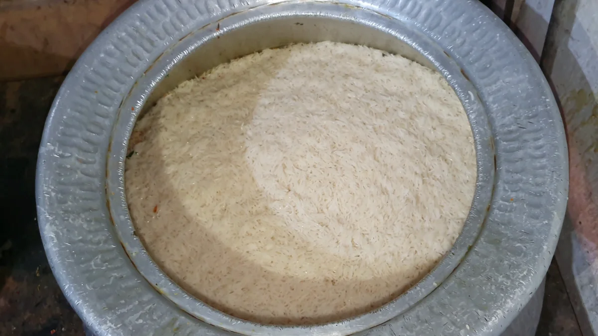 Level layer of rice over the chicken gravy