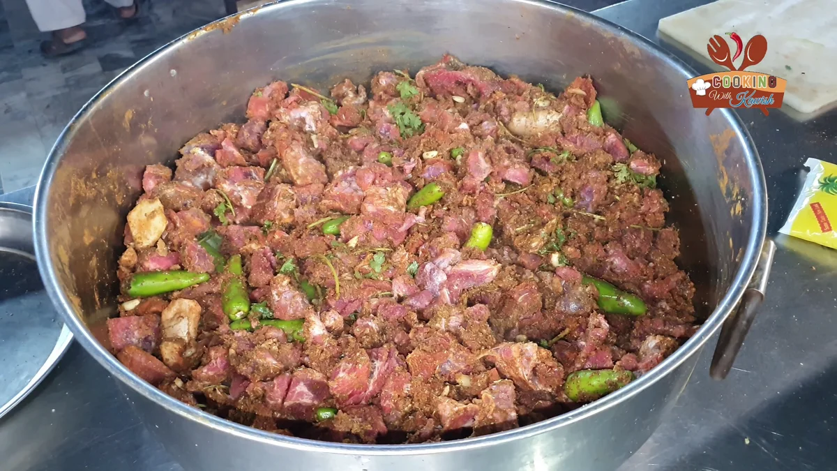 Beef pieces mixed with spices and green chillies