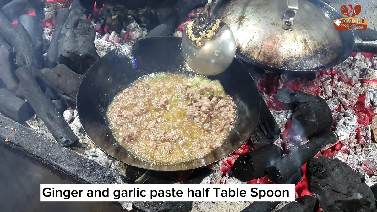 Ginger garlic paste added to the frying mince