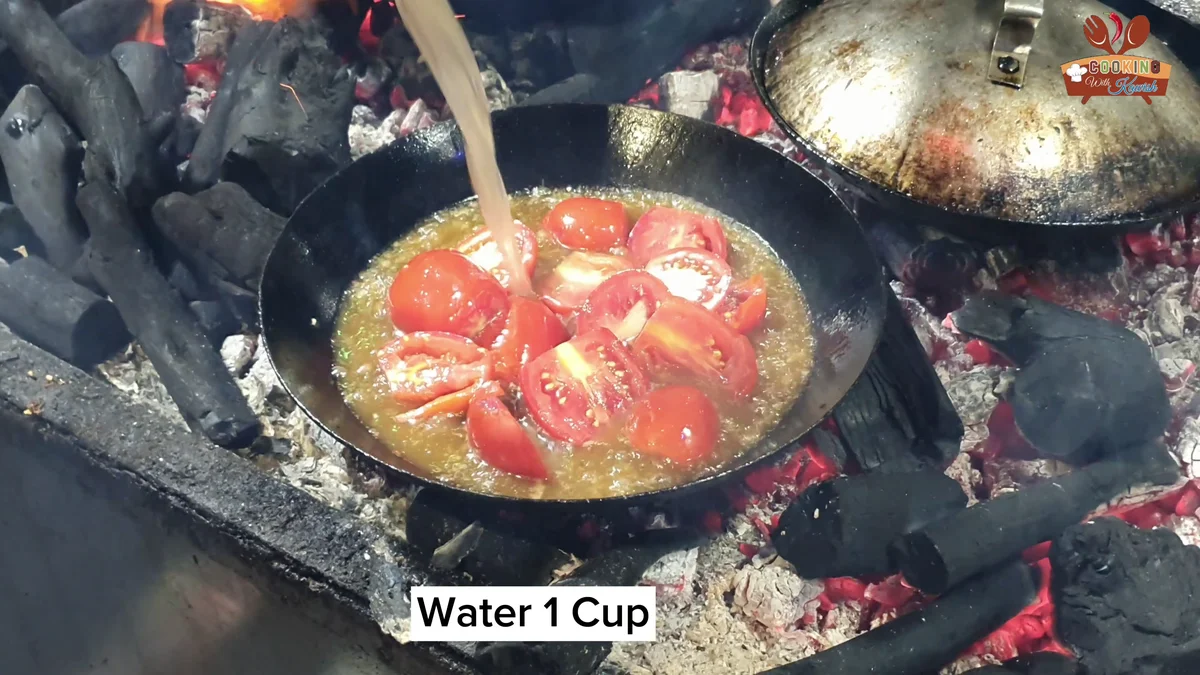 Water, one cup, added to the tomatoes and mince