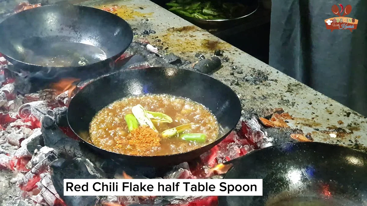 Crushed red chilli flakes, half a tablespoon, sprinkled over the keema