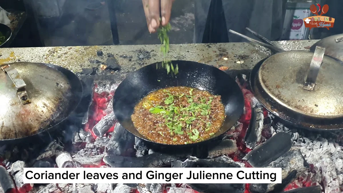 Coriander leaves and ginger julienne added to finish the keema